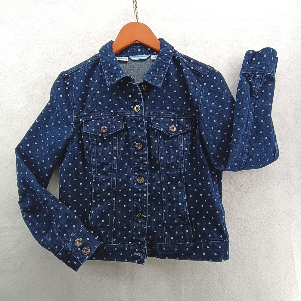 Liz Claiborne Denim Jacket Womens M Blue Polka Dot Trucker Classic Casual Chic